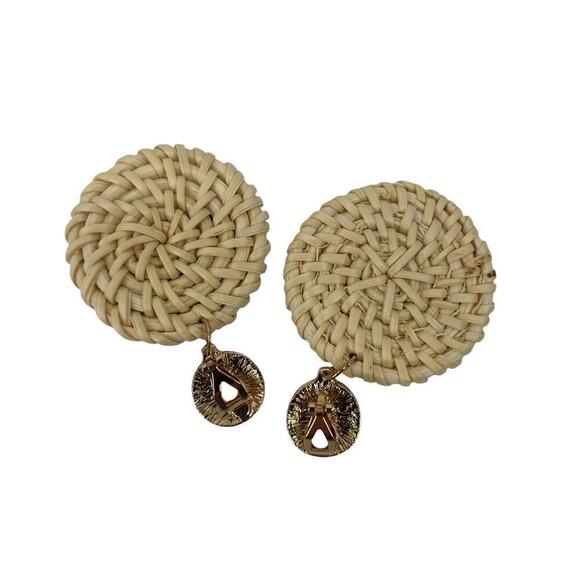Rattan Earrings Basket Weave Raffia Hammered Gold Boho Vintage Inspired - Picture 4 of 5